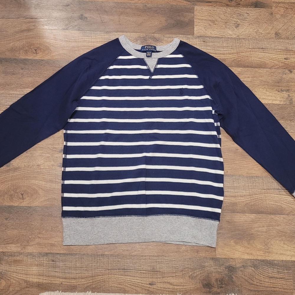 Polo by Ralph Lauren Navy and Off White With Gray Details Striped Boys Sweater